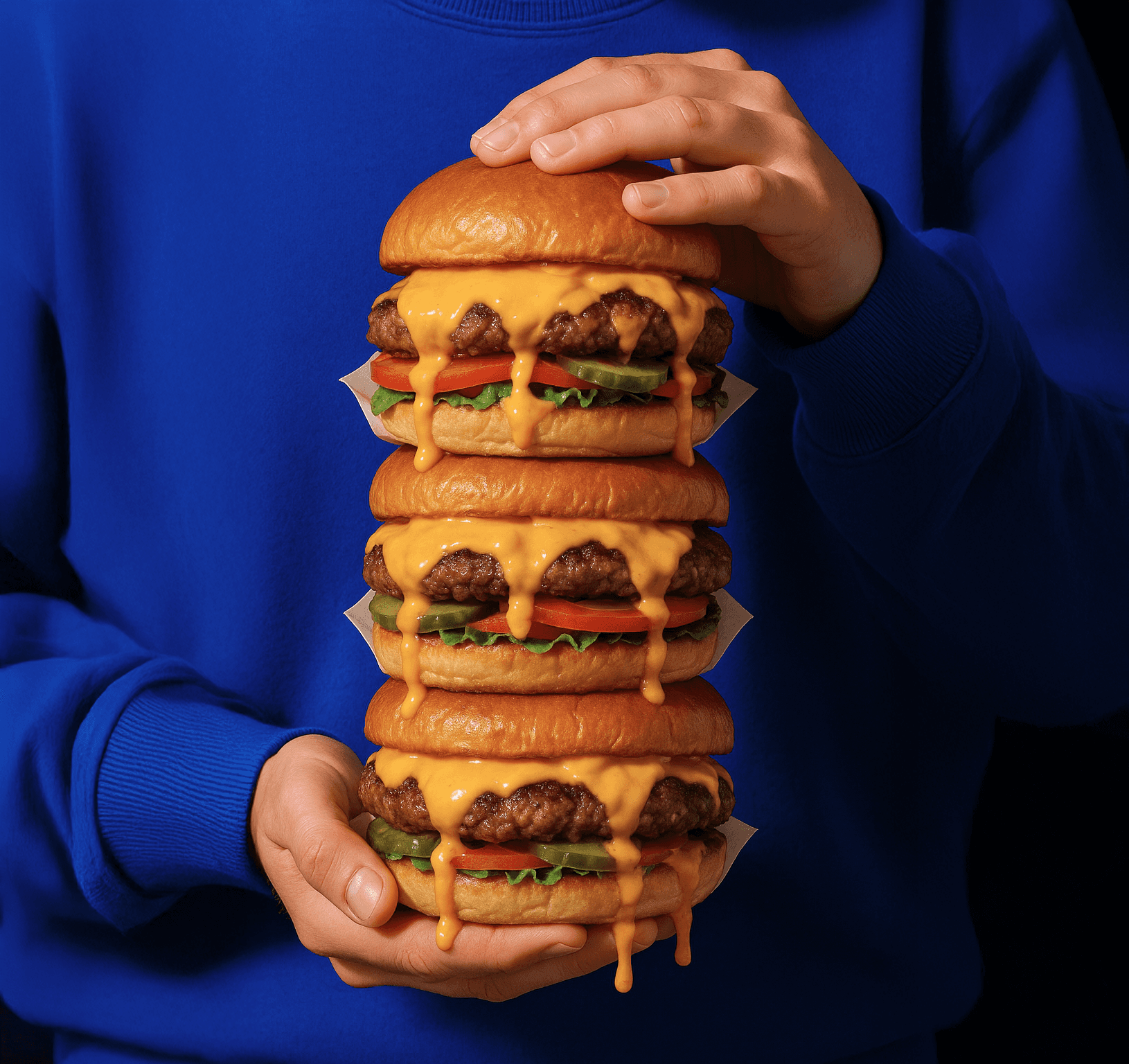 Person in a blue sweatshirt holding a tall stack of three cheeseburgers dripping with melted cheese, lettuce, tomato, and pickles.