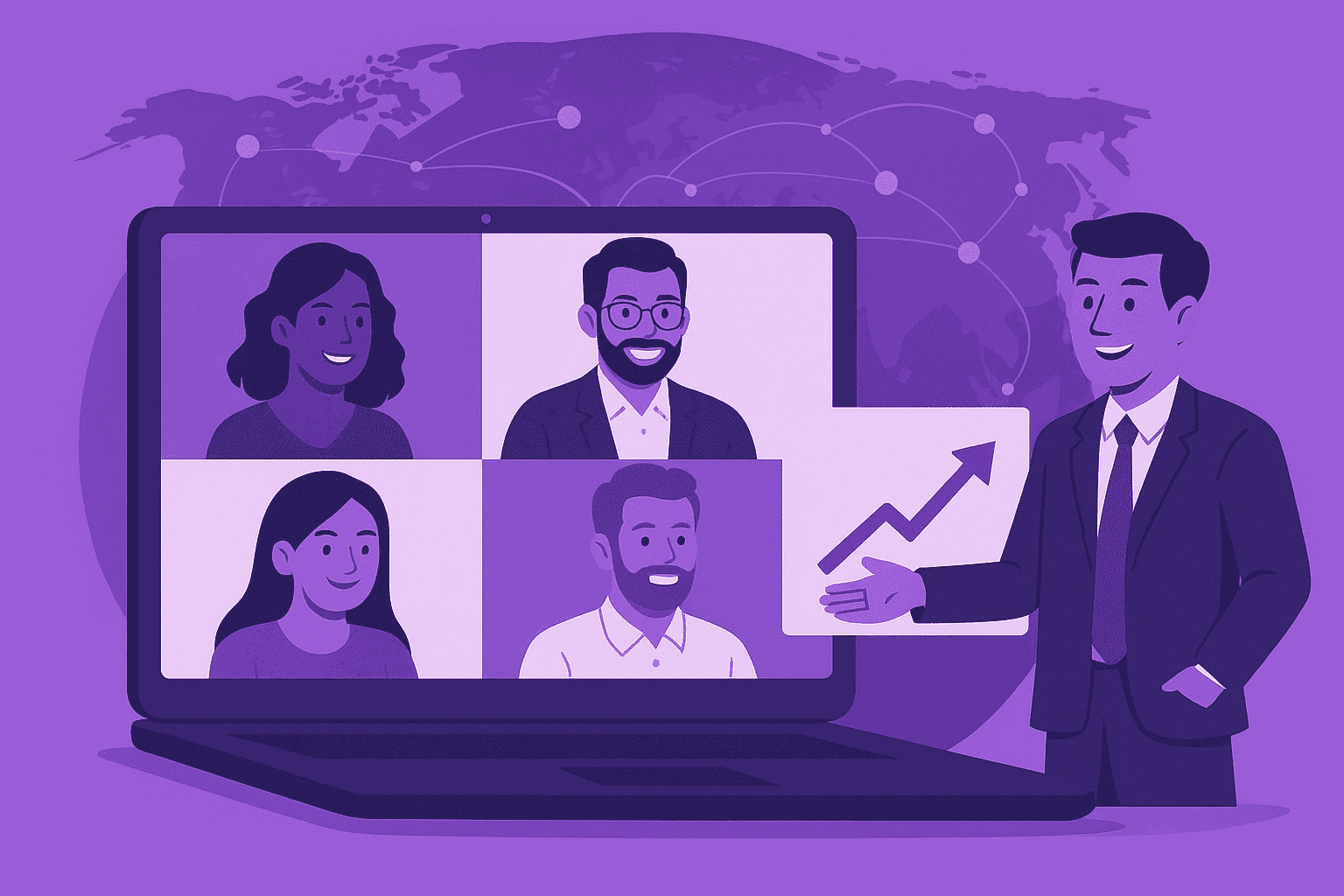 “Flat-style digital illustration showing a global remote team collaborating effectively through a virtual meeting with charts and connection lines symbolizing productivity, teamwork, and trust.
