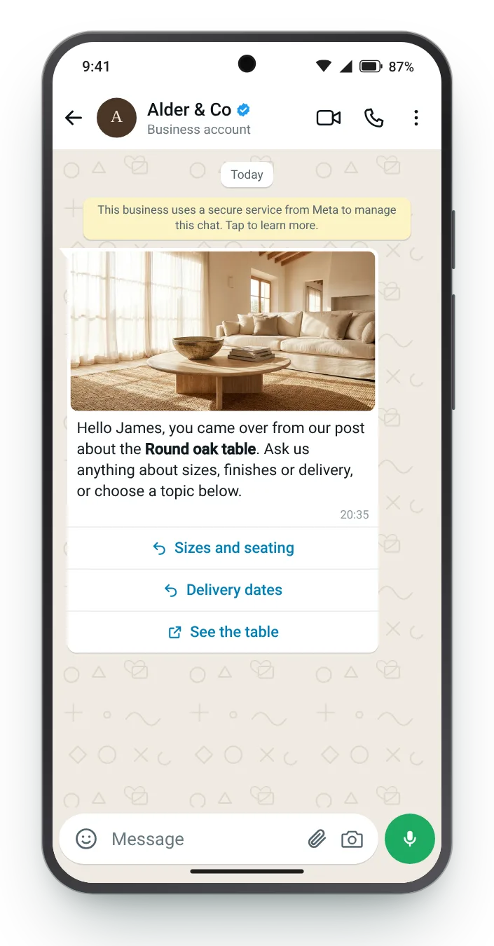 A greeting for people who tapped an ad: WhatsApp greeting message on an Android phone
