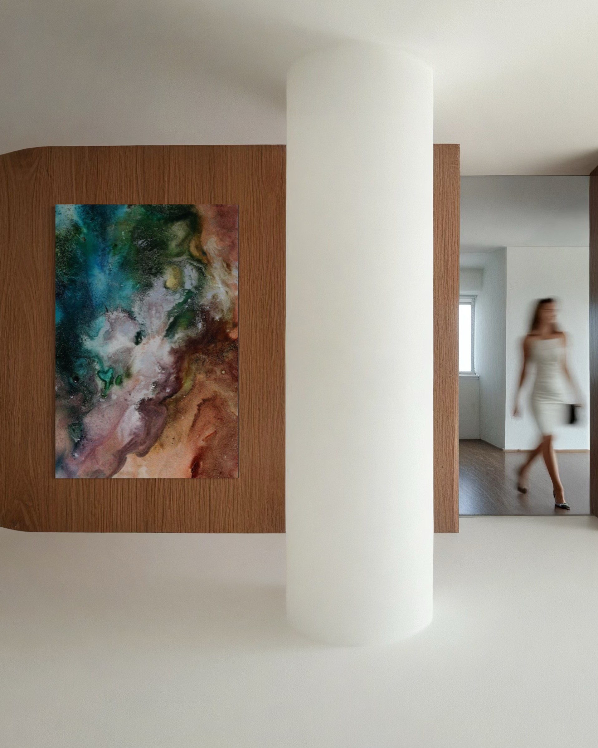 A spacious, well-lit museum corridor with exhibits, wooden ceiling details, and a contemporary design