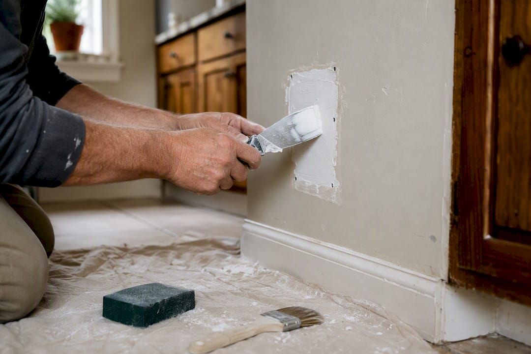 Hands applying joint compound to drywall patch
