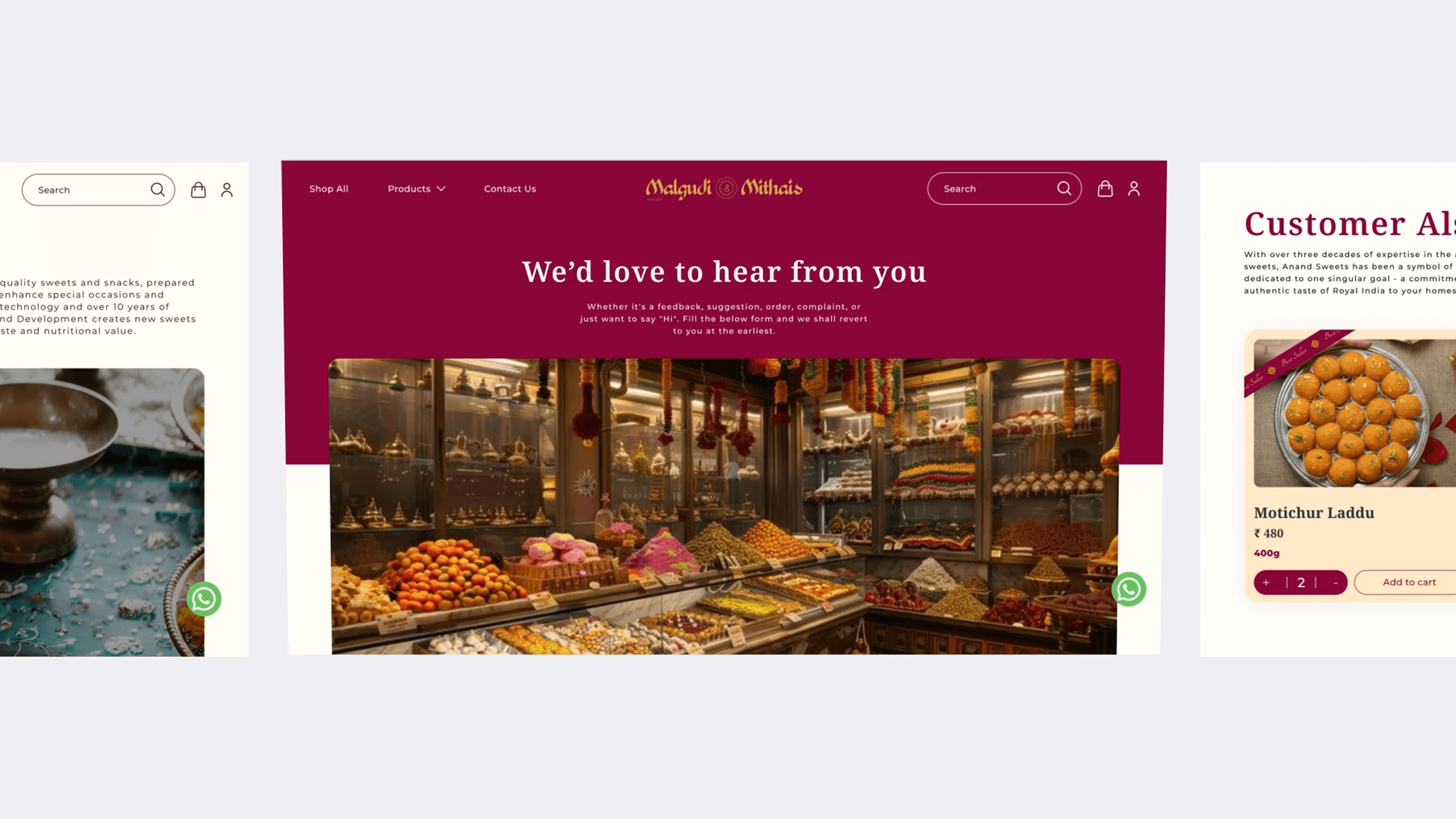 Malgudi Mithai online sweet store contact page showcasing traditional Indian sweet shop interior with vibrant sweets display and customer feedback section.