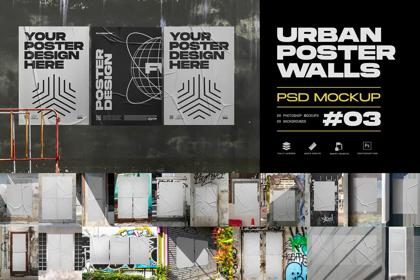 Urban poster wall mockups collection preview with posters on dark industrial wall