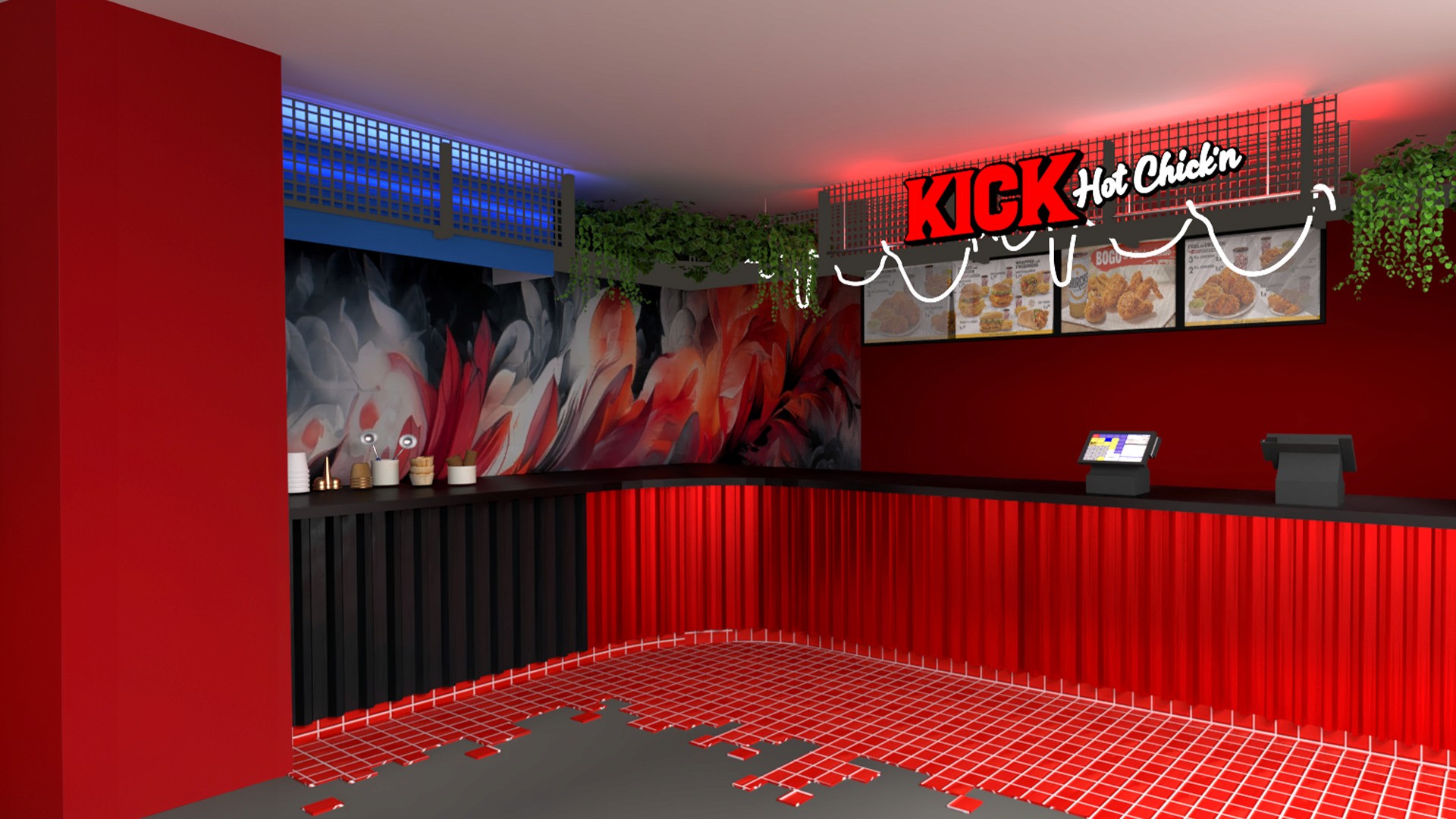 Four pieces of fried chicken or battered fish on a bed of salad greens, being heavily topped with shredded white cheese that is raining down onto the dish, set against a dark, rustic background of wood and pine cones.