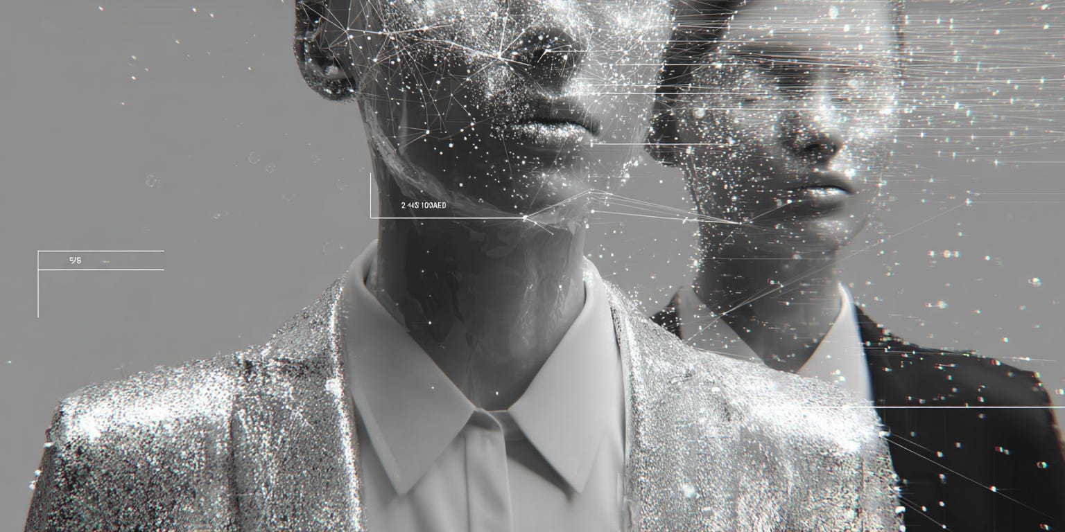 Abstract futuristic portrait of two people with digital overlays, symbolizing changing career paths, identity, and the redefinition of success in the AI era.