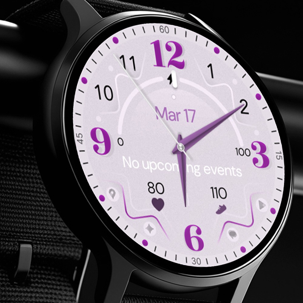 Modern Wear OS smartwatch displaying a purple watch face