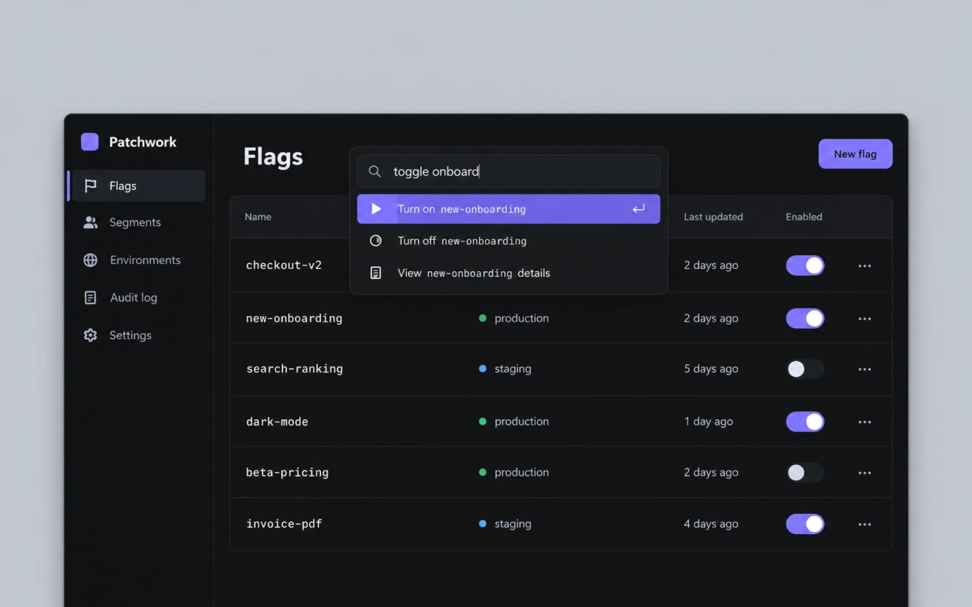 Patchwork’s flags dashboard with the command palette open, offering to turn on new-onboarding.