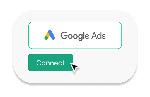 A UI component showing a "Google Ads" box with a green "Connect" button and a mouse cursor, representing the platform integration step.