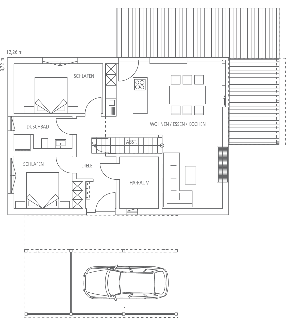 Grundriss eines Einfamilienhauses mit zwei Schlafzimmern, einem Duschbad, Wohn-/Ess-/Kochbereich und HA-RAUM sowie einer Doppelgarage darunter. 8,72m x 12,26m.