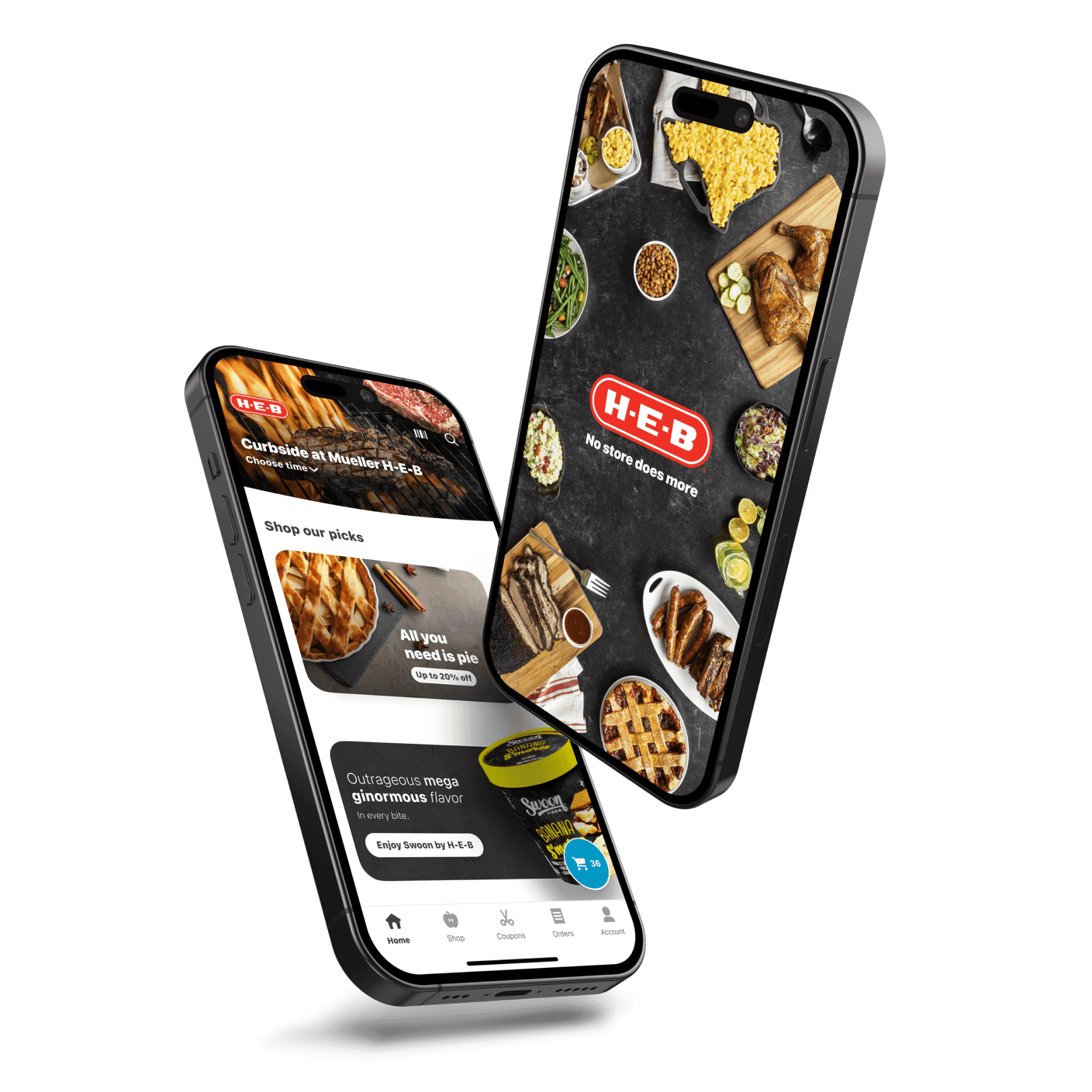 Two smartphones displaying the H-E-B app with options for curbside pickup, featured items, and various food products.