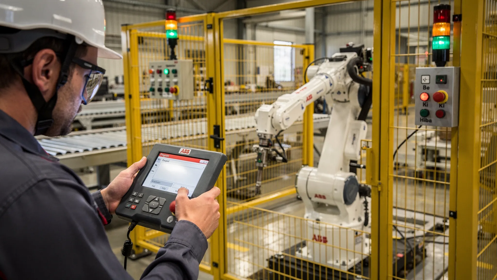 Ipari környezetben ABB robot betanítás: egy mérnök a teach pendanton programot módosít, a robot biztonsági kerítéssel körbevett cellában áll, a háttérben egyszerű I/O jelzőfények és gyártósori környezet látható.