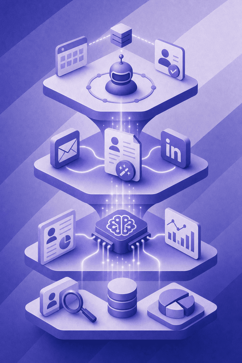 A modern, clean illustration showing an AI-powered business development workflow with interconnected layers: prospect research and data analysis at the base, personalized message generation in the middle, multi-channel outreach paths (email and LinkedIn icons) branching out, and meeting scheduling with CRM integration at the top. Use a professional blue and white color scheme with subtle gradient effects. The illustration should show data flowing upward through these stages in a visual funnel or pipeline structure, with abstract representations of automation and AI processing at each layer. Isometric or semi-flat design style, no text or words.