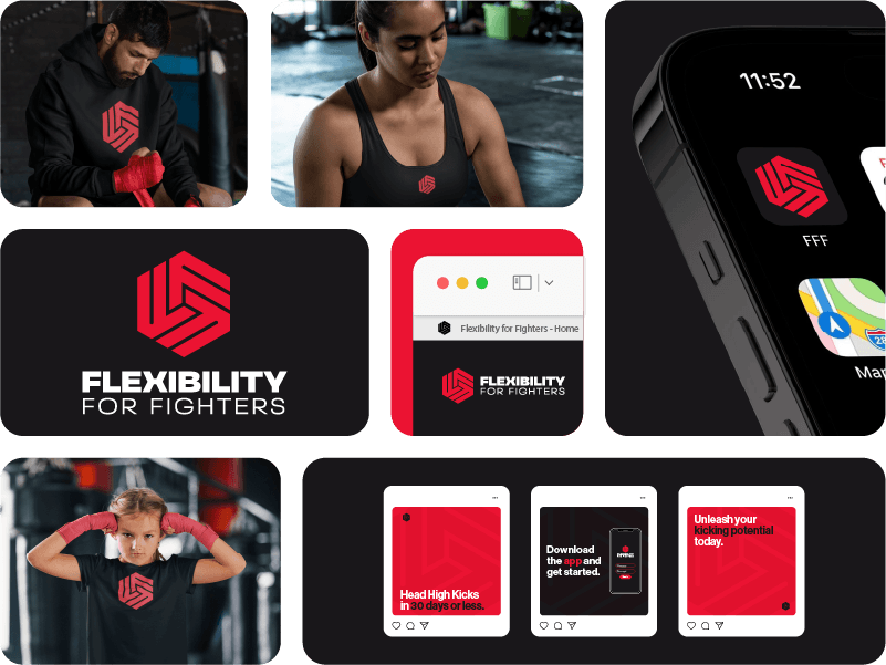 A collage showcasing the brand 'Flexibility For Fighters' through various promotional materials and branded apparel. Top left shows a man in a black hoodie with the brand’s red, hexagonal logo while wrapping his hands. Top middle features a woman wearing a black tank top with the logo. Top right highlights the app icon on a smartphone screen, displaying 'FFF' with the red hexagonal logo. The center row includes the brand logo with the text 'Flexibility For Fighters' below it and a browser window showing the brand's homepage. Bottom left displays a young girl wearing a branded T-shirt and adjusting her hair. Bottom right consists of promotional images with taglines such as 'Head High Kicks in 30 days or less' and 'Unleash your kicking potential today,' all incorporating the brand’s red color scheme and hexagonal logo