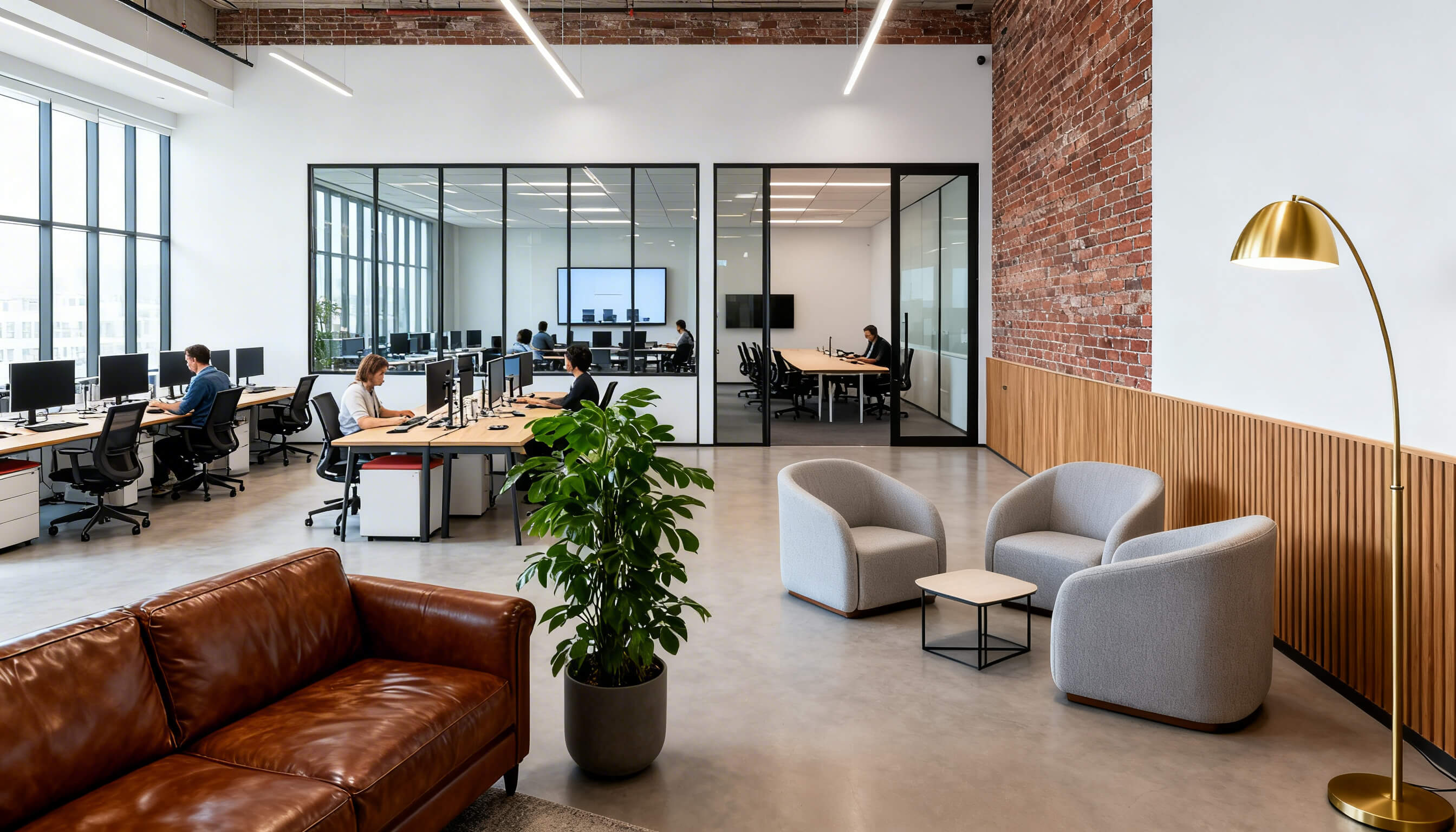 Glass-walled private offices in a contemporary workspace