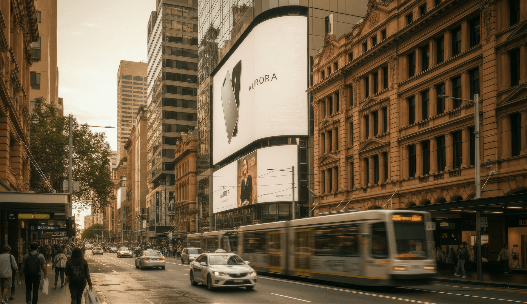 a man walking down a street past a large poster