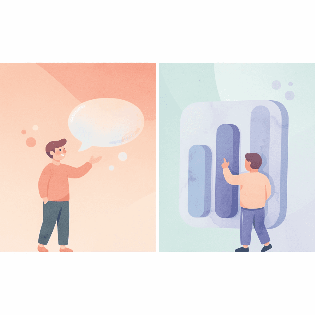 Split scene showing contrast between generic workbooks and customized learning materials