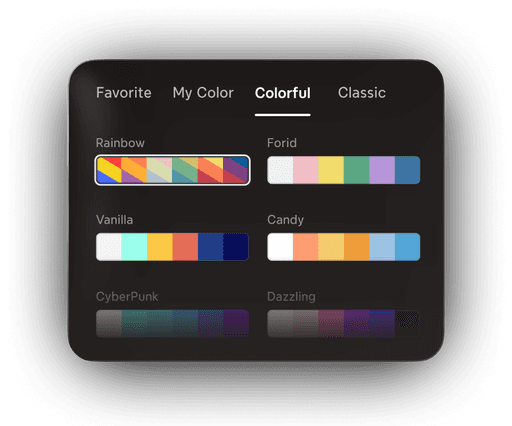 Color palette selection interface featuring "Rainbow," "Forid," "Vanilla," "Candy," "CyberPunk," and "Dazzling" options.