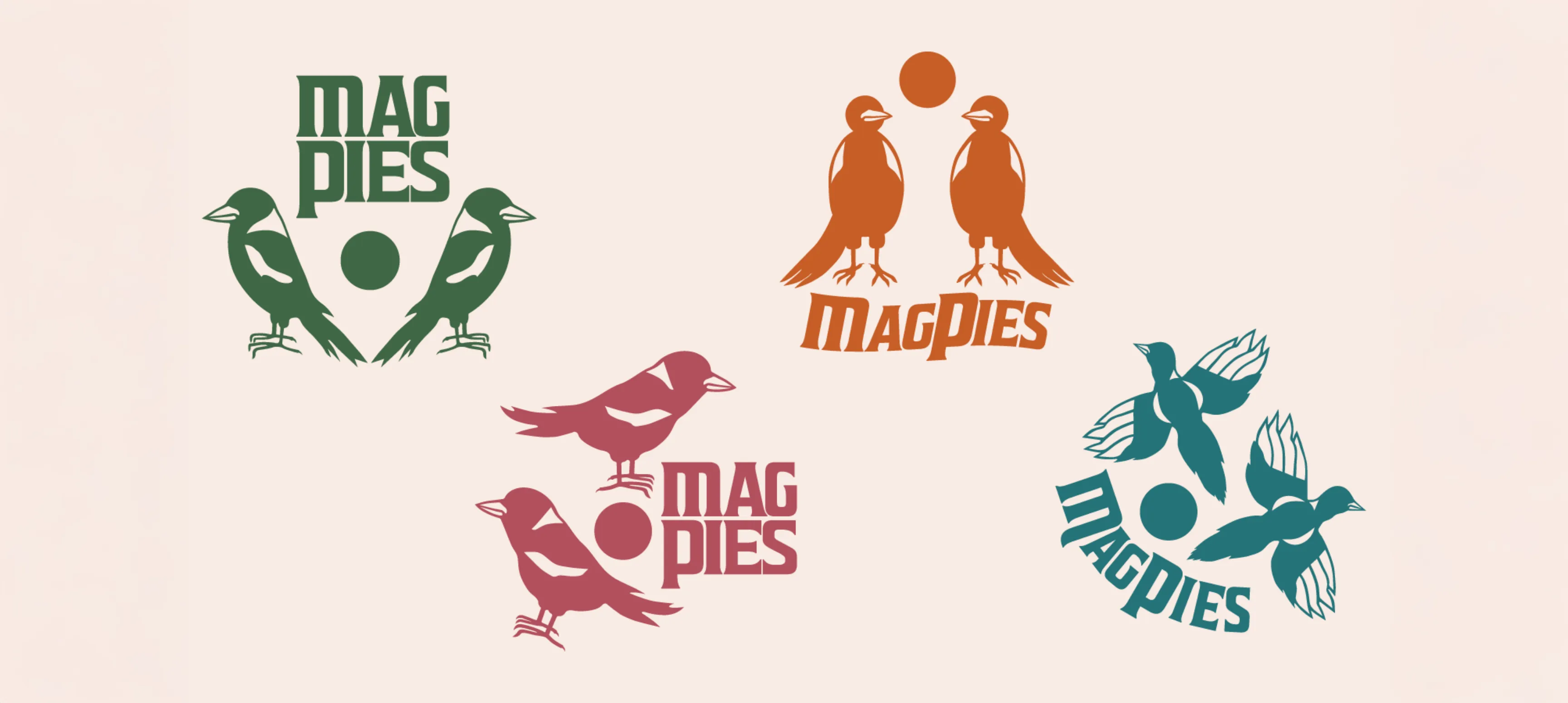 The four seasonal logos for Magpies all featuring birds in different stages of flight accompanied by a moon.