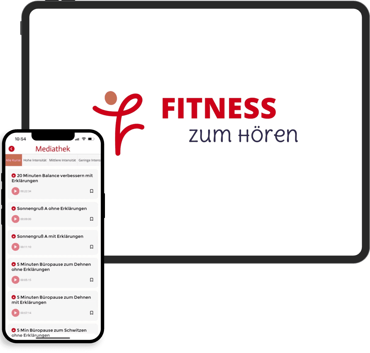 Ein Bild von einem Tablet und einem Smartphone. Auf dem Smartphone ist eine Kurs-Mediathek der App zu sehen. Auf dem Tablet ist groß das Logo von "Fitness zum Hören" zu sehen.