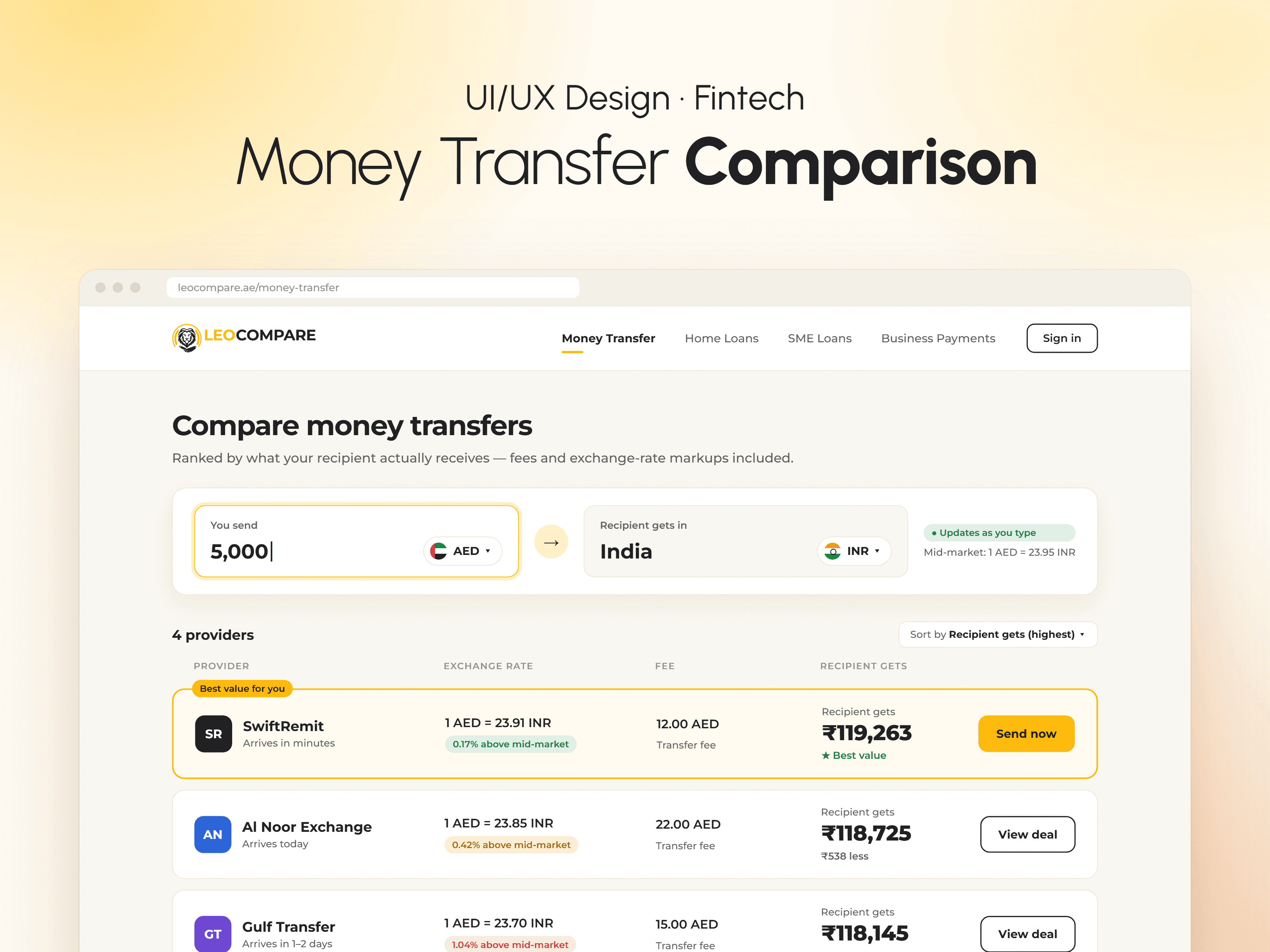 Money Transfer Comparison screen