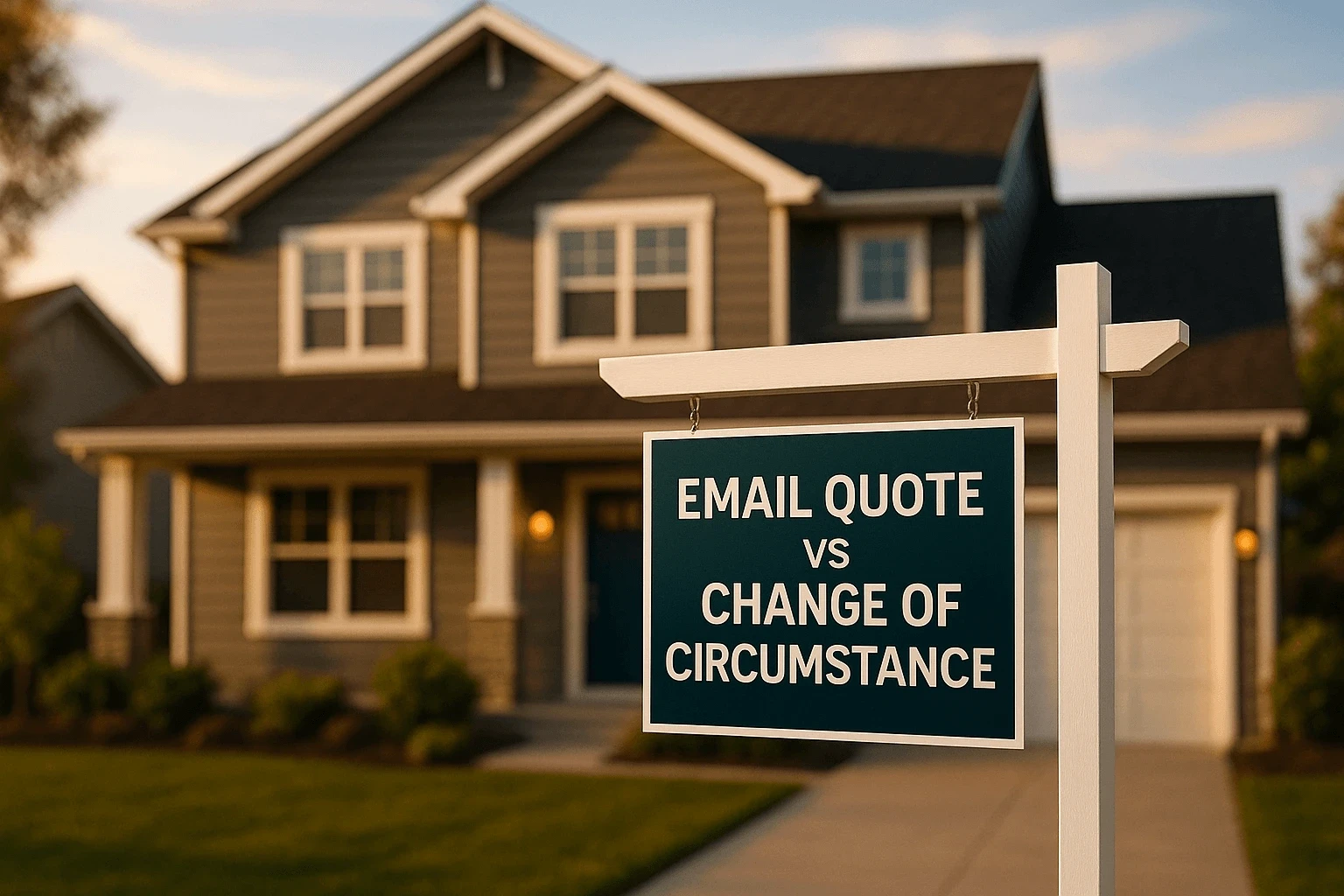 Real estate sign in front of a house displaying the words “Email Quote vs Change of Circumstance”