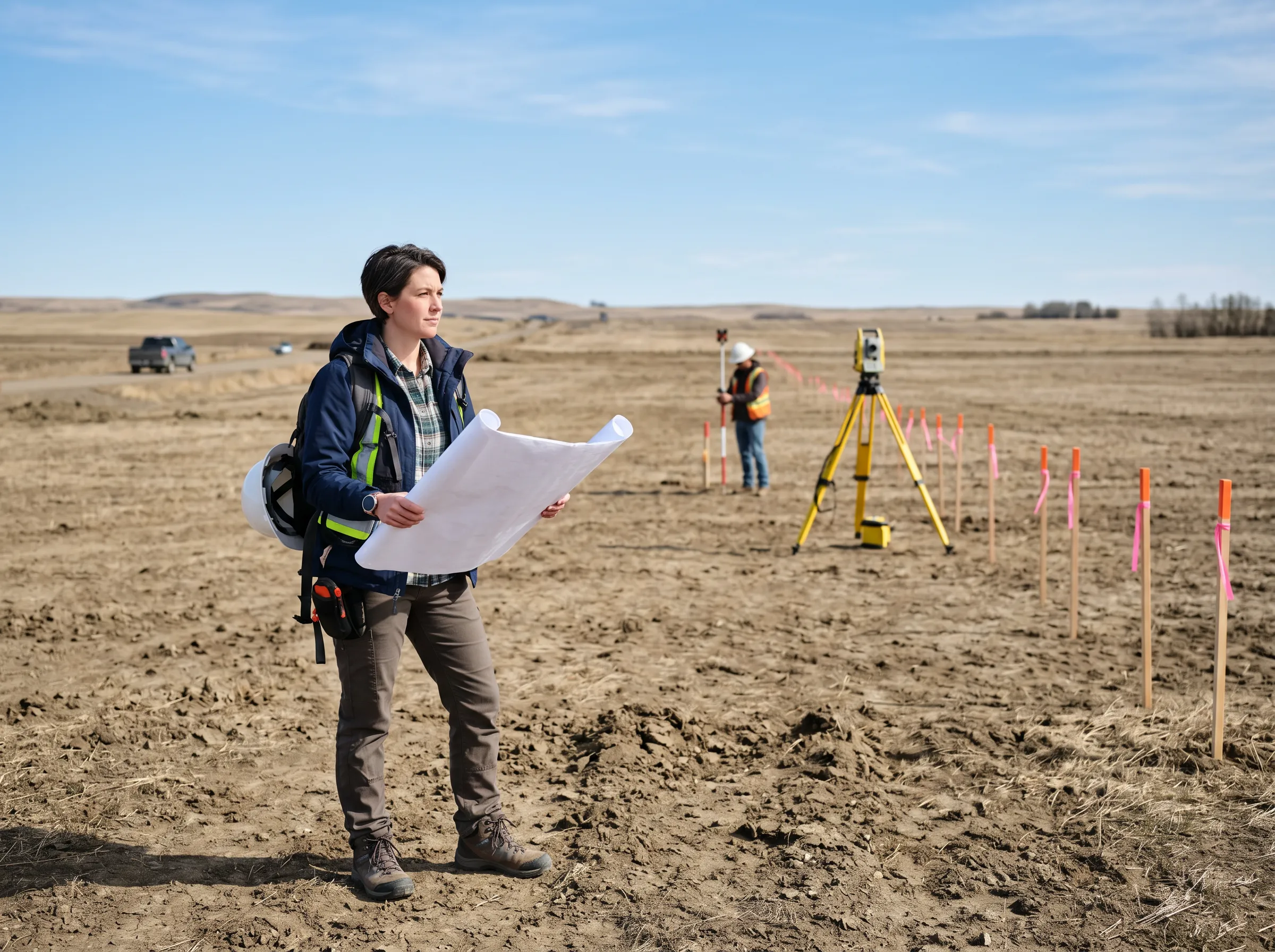 A land surveyor standing in an open field reviewing blueprints, with measuring equipment and marked stakes in the background.
