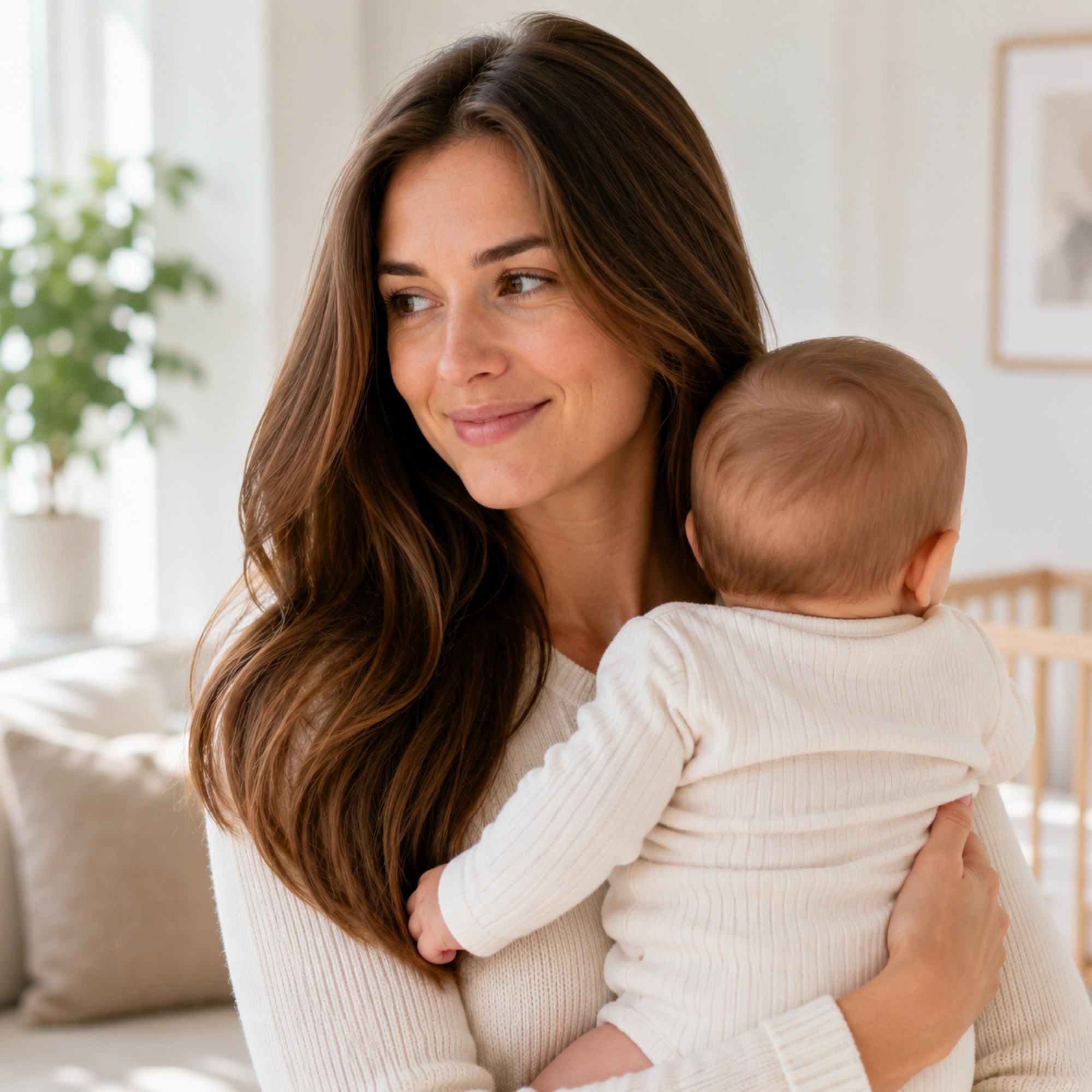 Nederlandse vrouw met haar baby en zichtbaar gezonde haardichtheid als illustratie van het natuurlijke herstel na haarverlies na de zwangerschap.