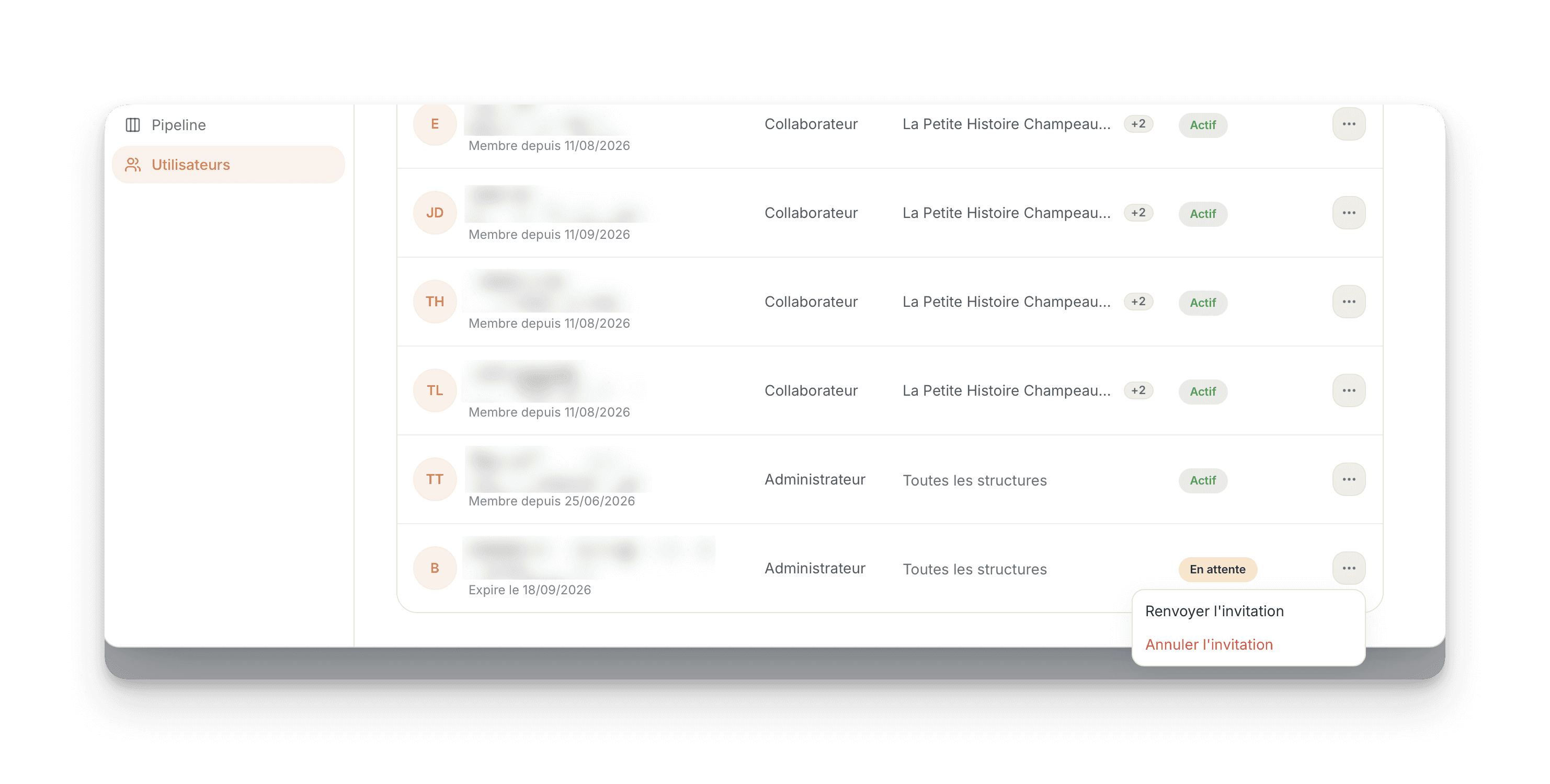 Menu permettant de renvoyer ou d’annuler une invitation dans Wiklee