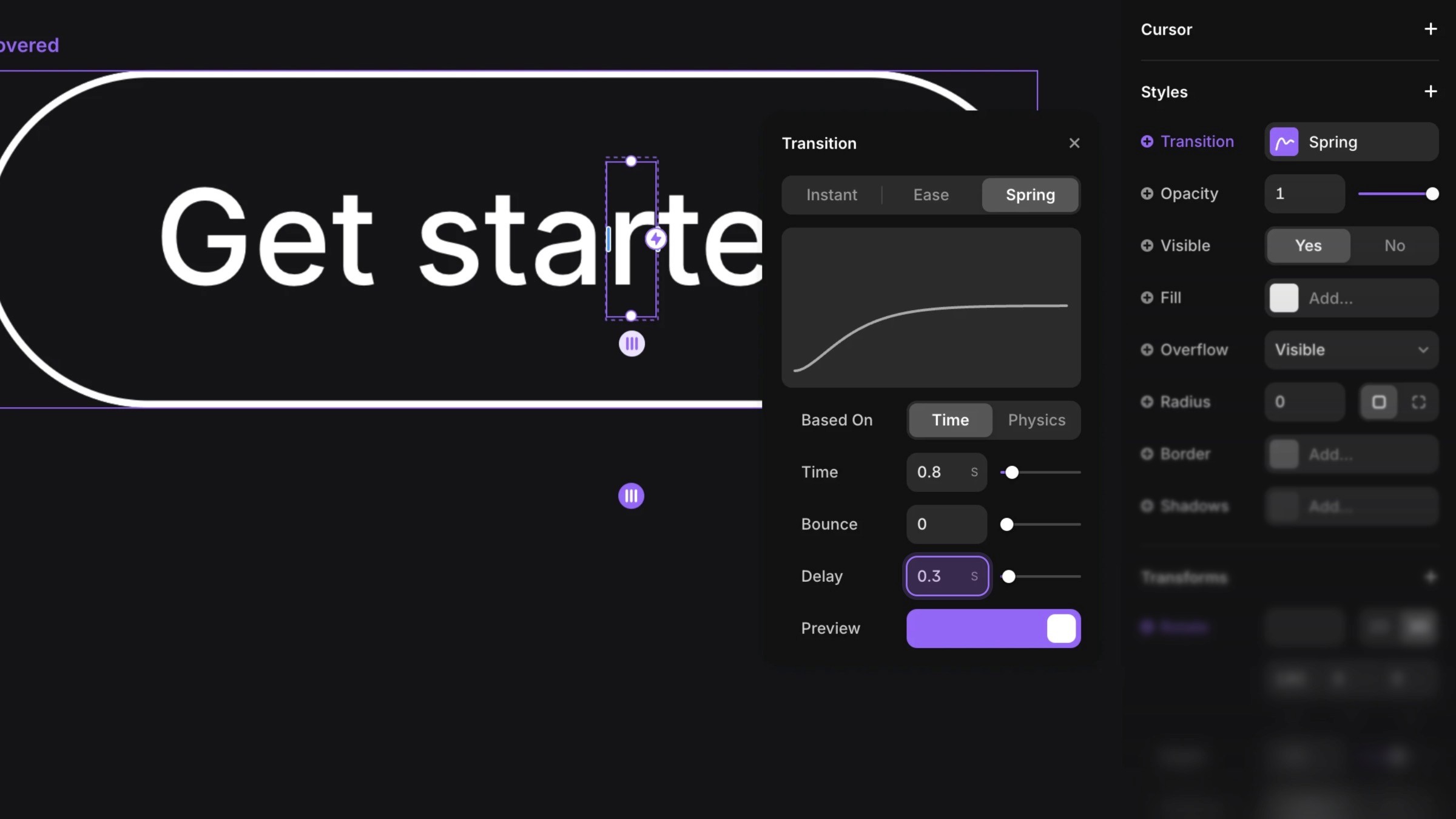 Framer design interface showing 'Get started' button with transition settings for individual letter animation, including spring effect and 0.3s delay