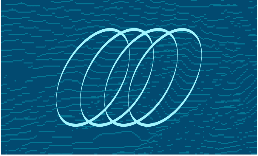 Three overlapping elliptical rings forming a motion or wave-like pattern on a teal textured background.
