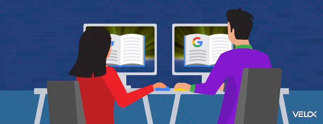 A graphic showing 2 characters each at their own computer sitting at a shared desk