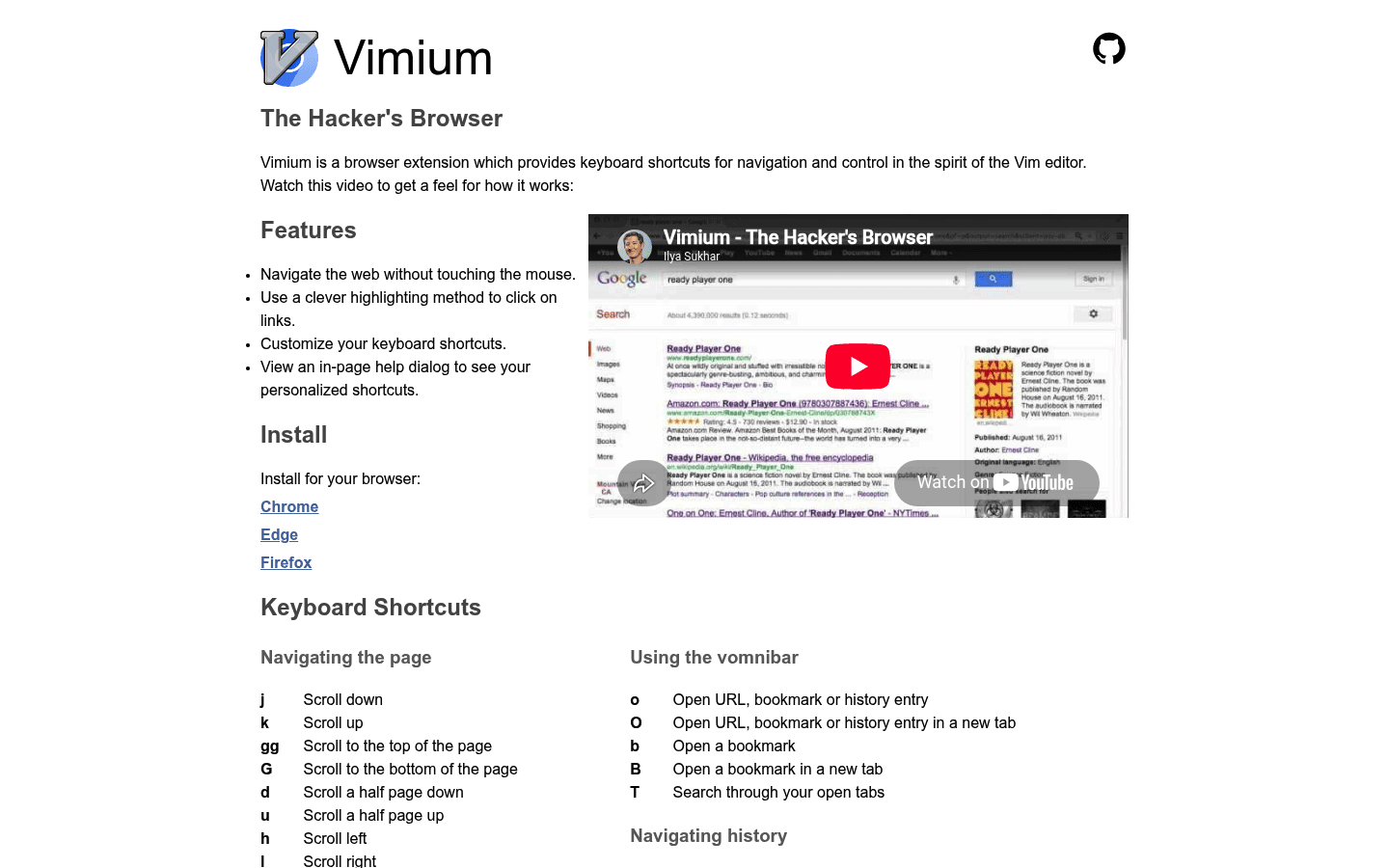 Vimium homepage screenshot