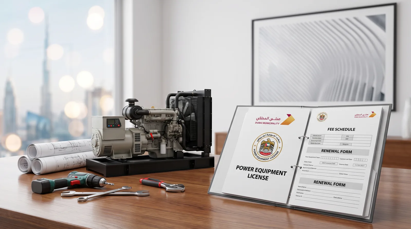 Generators and Power Equipment License in Dubai beside an itemised cost breakdown and a calculator