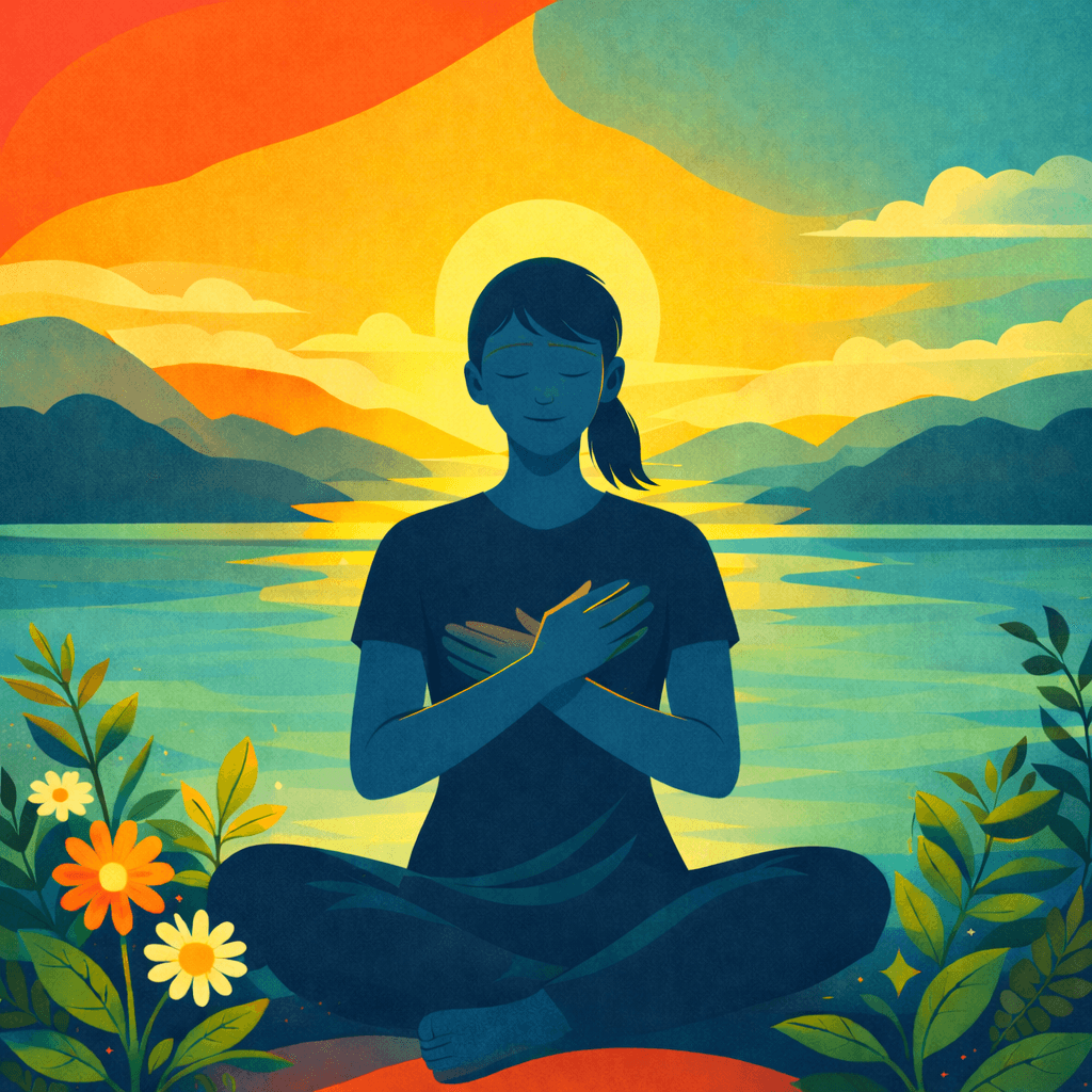 Woman sitting in serene pose with hands over chest at sunset