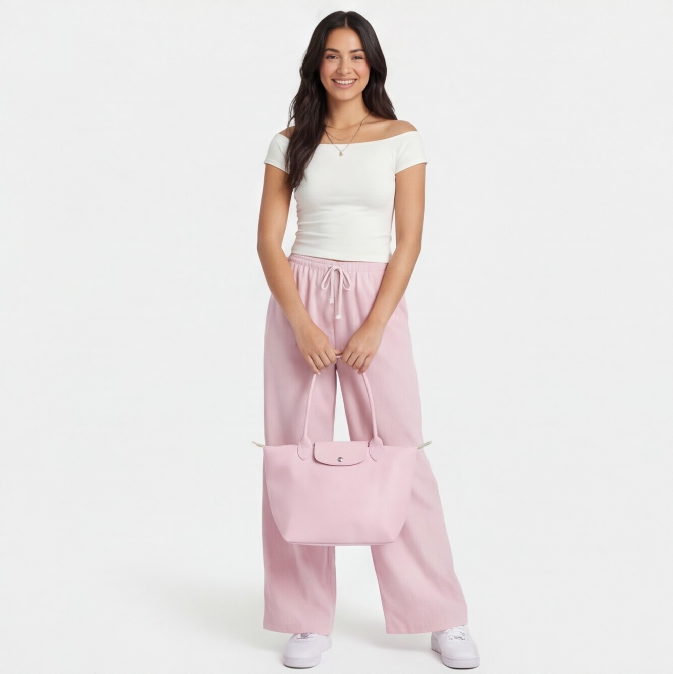 White Cap-Sleeve Top with Pink Palazzo Pants