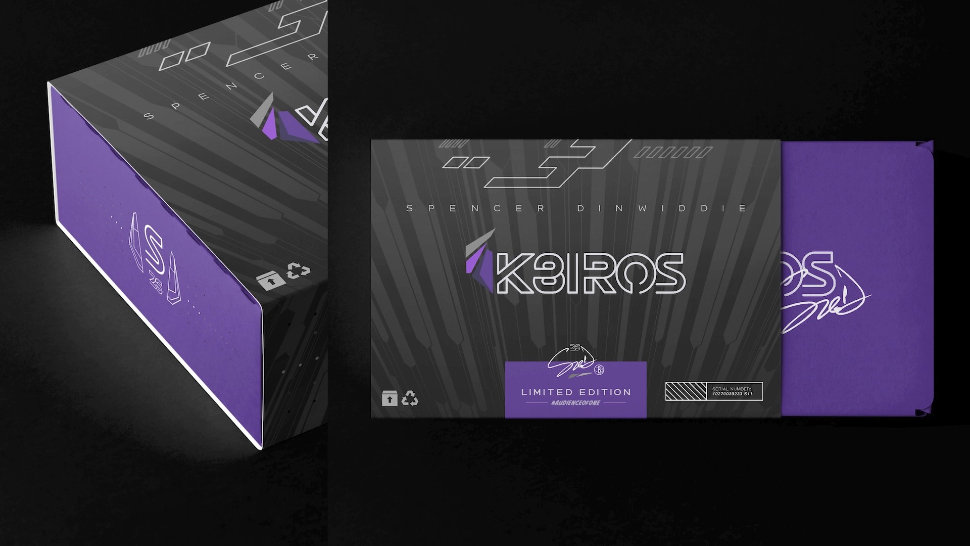 Spencer Dinwiddie K8IROS limited edition shoe box packaging showing 3D mockup and flat layout with purple accents and signature details