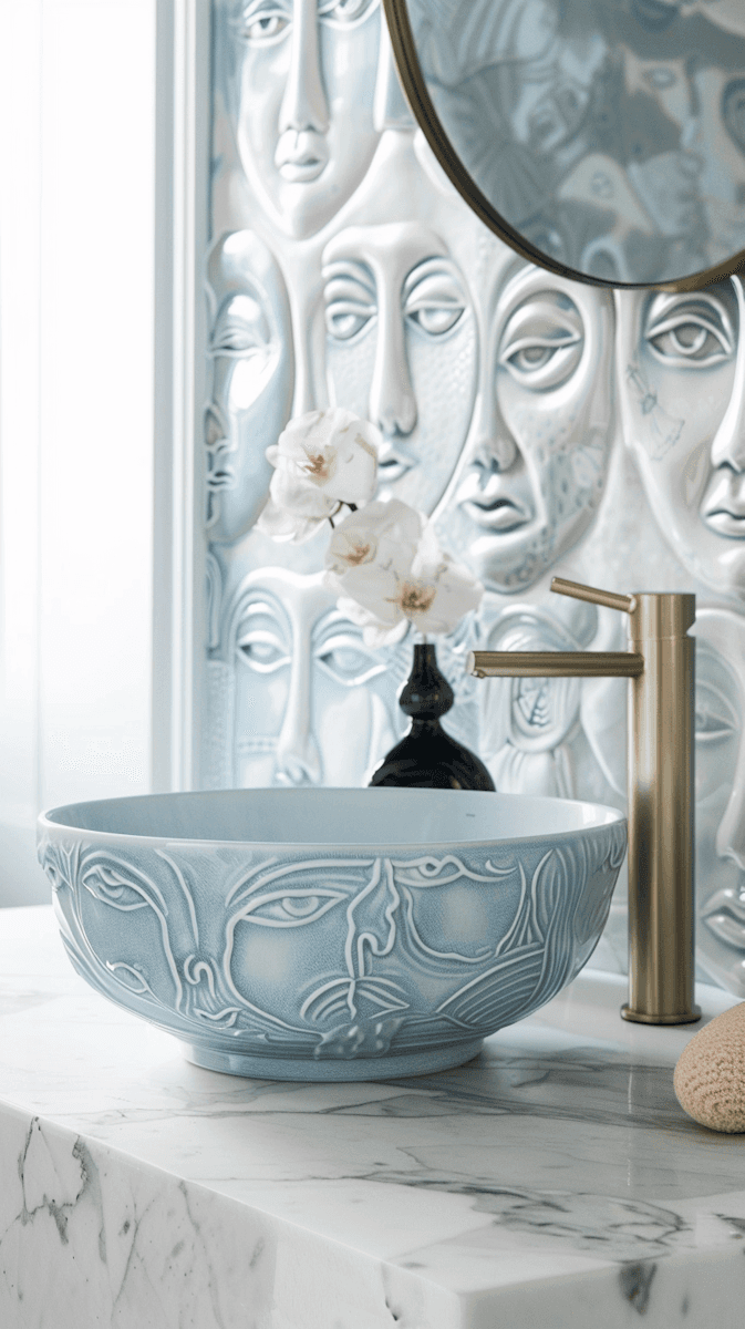 Elegant bathroom with a blue ceramic sink, gold faucet, and artistic face-themed tiles.
