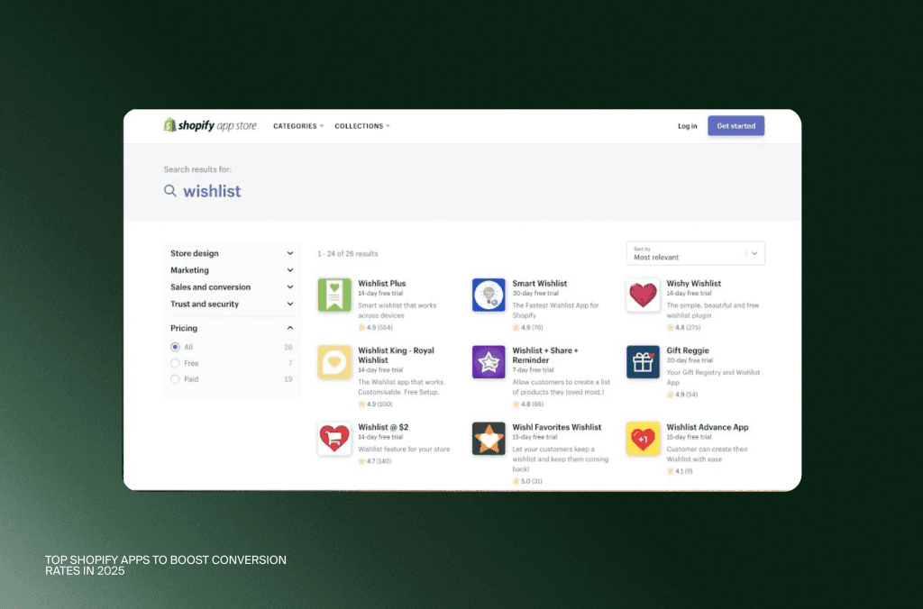 Suchergebnisse für Wishlist-Apps im Shopify App Store, gefiltert nach Kategorie und Preis
