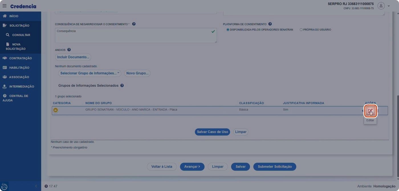 Captura de tela de referência do Credencia para Passo 1 — Abrir a edição do grupo selecionado. Contexto: 25 — Justificativa do Grupo Selecionado.