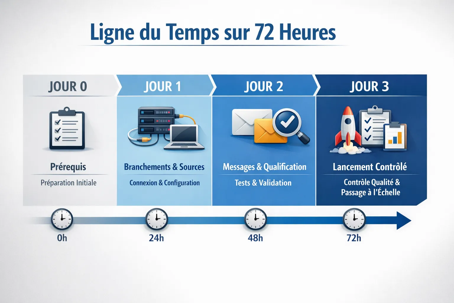 Ligne du temps sur 72 heures, montrant les étapes Jour 0 prérequis, Jour 1 branchements et sources, Jour 2 messages et qualification, Jour 3 lancement contrôlé avec contrôle qualité et passage à l’échelle.