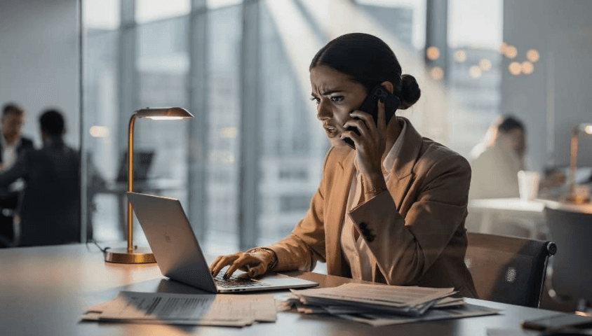 Frau im Business-Outfit sitzt abends im Büro am Laptop, telefoniert konzentriert und wirkt angespannt, während Dokumente auf dem Schreibtisch liegen.