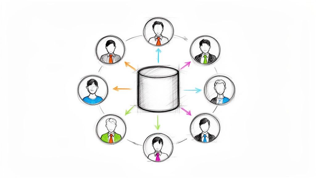 Eight user icons interacting with a central database cylinder, illustrating data exchange and connections.