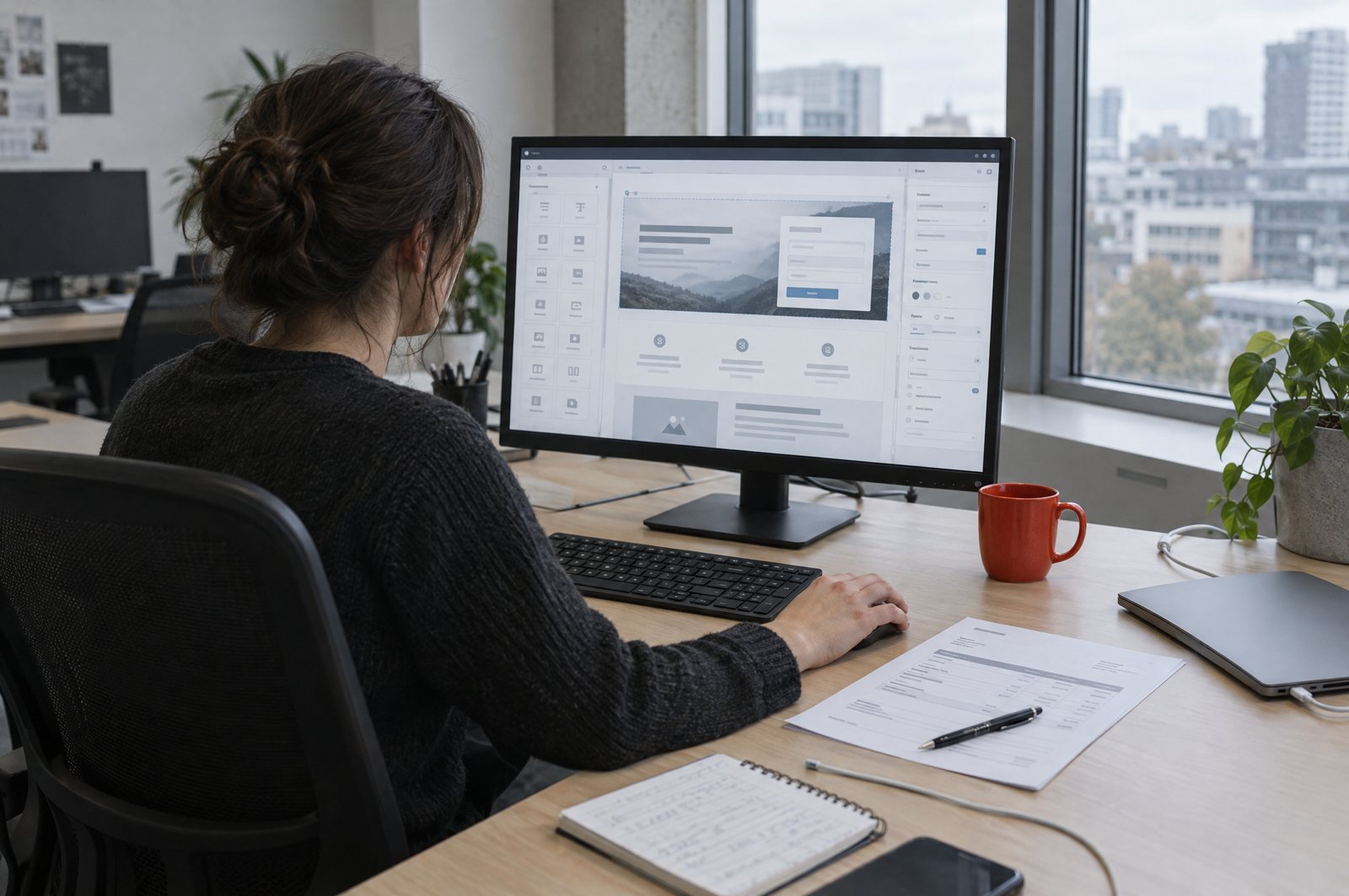 A head of marketing at an office desk, seen from behind, reviewing a website page editor with a module sidebar on a monitor, a printed software invoice and a red-orange mug beside the keyboard