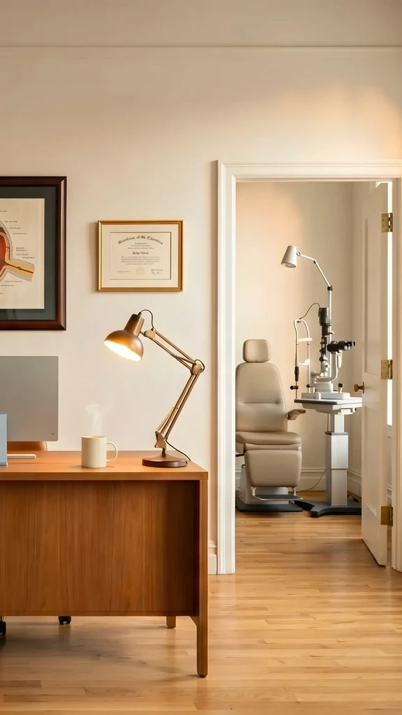 Ophthalmologist standing in a modern eye clinic beside diagnostic equipment.