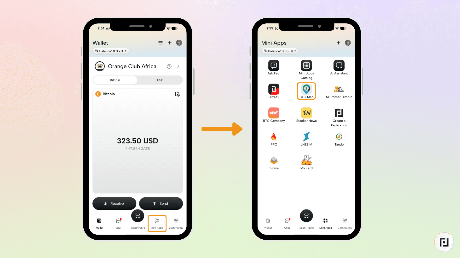 Fedi app screenshots showing how to navigate from the Wallet screen to the Mini Apps screen to find BTC Map