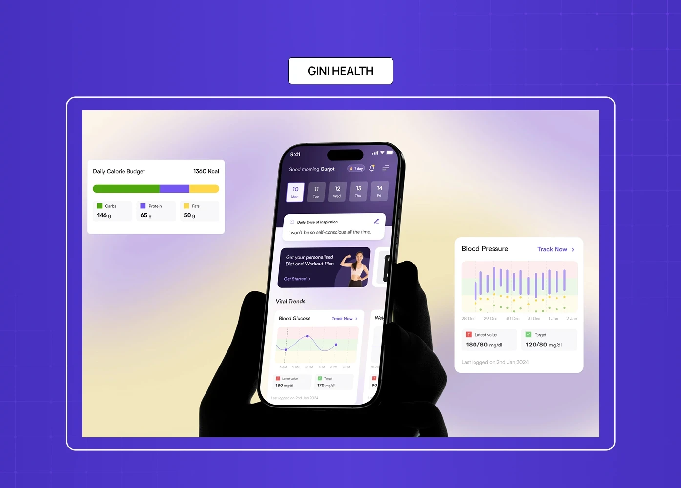 A product showcase featuring the Gini Health mobile app interface with health tracking dashboards and analytics widgets.