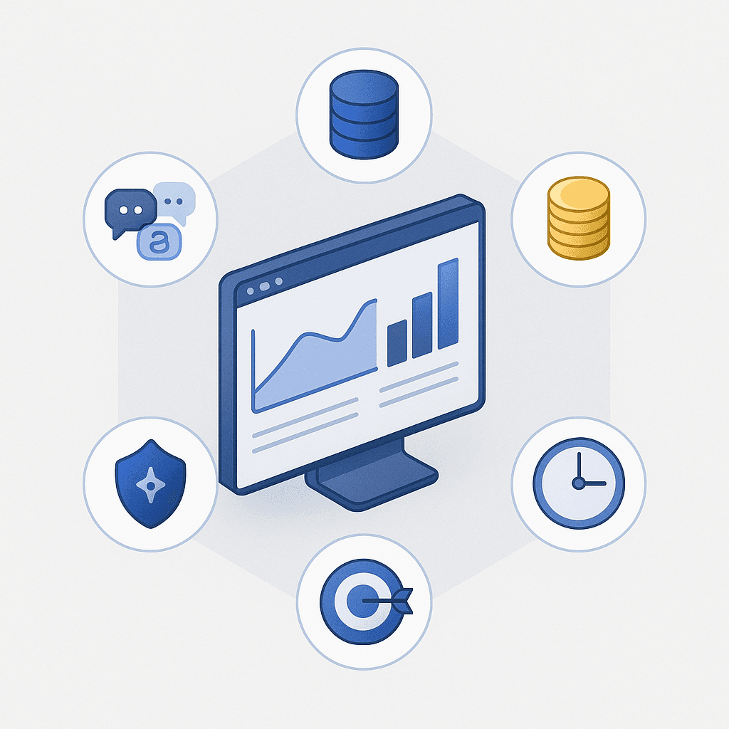 Radial illustration showing six evaluation factors surrounding a bulk prompt monitoring dashboard.