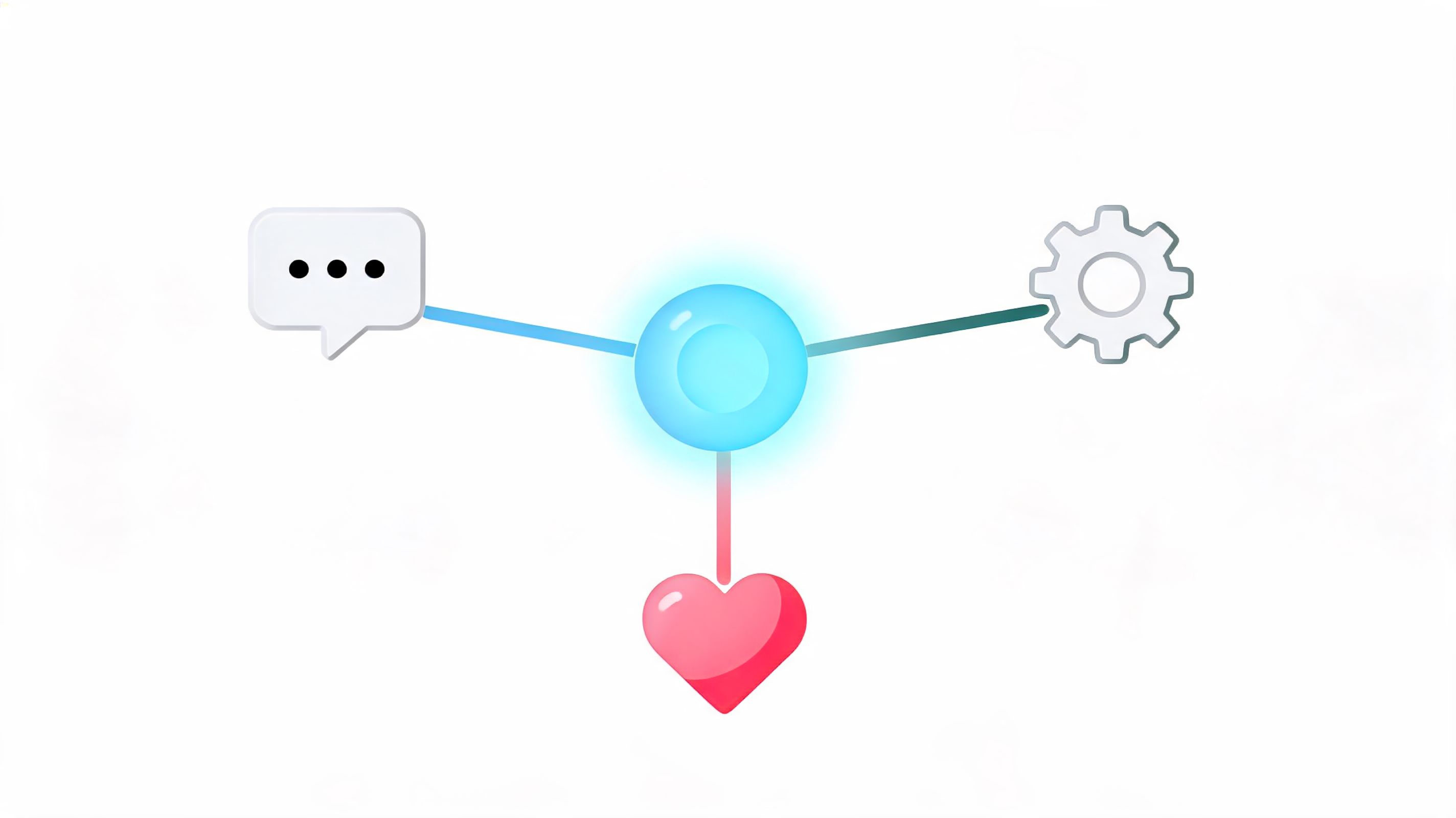 A graphic showing a central glowing blue sphere connected to a chat bubble, a gear, and a heart.