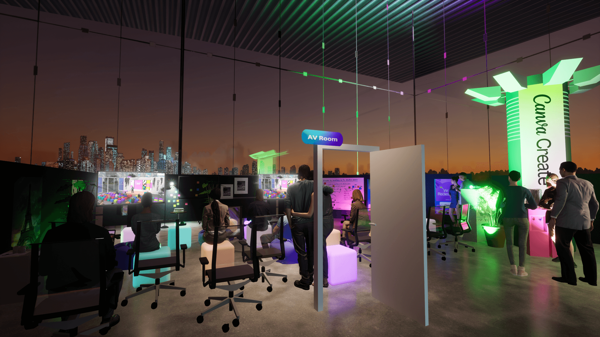 Interactive Canva installation with suspended elements, desks and creative workspace-style environment