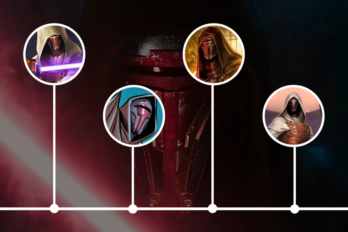 A timeline graphic showcasing key moments in Darth Revan’s journey. Circular icons along the timeline display Revan in various stages: as a Jedi with a purple lightsaber, Revan during the Mandalorian Wars, as a Sith Lord in dark robes, and as a redeemed figure in lighter armor under a serene sky. The design emphasizes Revan’s transformation between light and dark throughout his story.